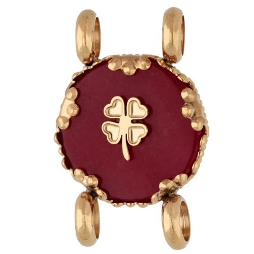 14 mm Round Spacer with Clover Design - Gold-Plated 304 Stainless Steel - Dyed Red Agate