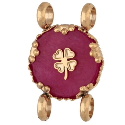 14 mm Round Spacer with Clover Design, 304 Stainless Steel, Gold-Plated - Tinted Pink Chalcedony