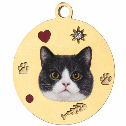 15 mm Round Charm with UV-Printed Cat Head Design - Gold-Plated 304 Stainless Steel