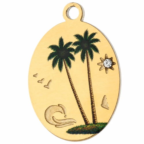 17x12 mm oval charm with UV-printed palm trees - Gold-plated 304 stainless steel