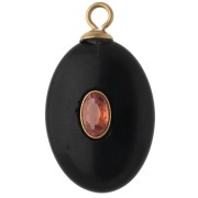Oval Pendant, 22x13 mm, Orange CZ & Black Onyx Gemstone, Gold-Plated 304 Stainless Steel