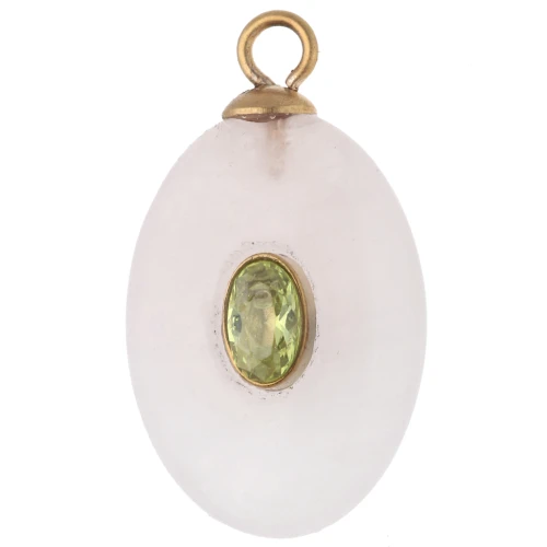 Oval Pendant, 22x13 mm, Green CZ & Rose Quartz Gemstone, Gold-Plated 304 Stainless Steel