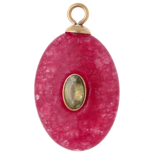Oval Pendant, 22x13mm, Green CZ & Dyed Pink Garnet, Gold-Plated 304 Stainless Steel, Rose Gold Finish
