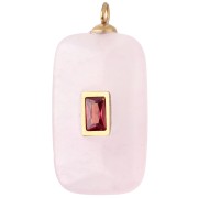 Rectangular Pendant, 30x15 mm, Red CZ & Rose Quartz, Gold-Plated 304 Stainless Steel