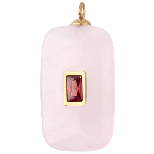 Rectangular Pendant, 30x15 mm, Red CZ & Rose Quartz, Gold-Plated 304 Stainless Steel
