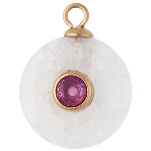 15 mm Round Charm with Pink CZ & Agate Gemstone - Gold-Plated 304 Stainless Steel - Rose Gold Finish