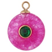 15mm Round Charm with Green CZ & Dyed Pink Chalcedony, 304 Stainless Steel, Rose Gold-Plated