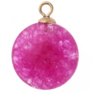 15mm Round Charm with Green CZ & Dyed Pink Chalcedony, 304 Stainless Steel, Rose Gold-Plated