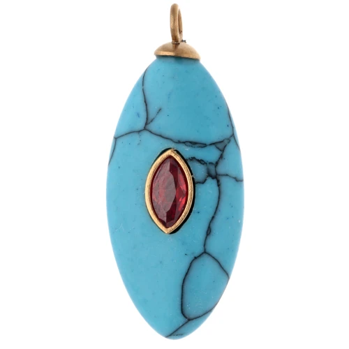 29x12 mm Orange CZ & Turquoise Gemstone Imitation Navette Pendant, 304 Stainless Steel, Gold-Plated