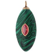 29x12 mm Navette-Shaped Pendant with Red CZ & Imitation Malachite Gemstone, 304 Stainless Steel, Gold-Plated
