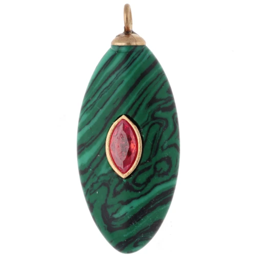 29x12 mm Navette-Shaped Pendant with Red CZ & Imitation Malachite Gemstone, 304 Stainless Steel, Gold-Plated