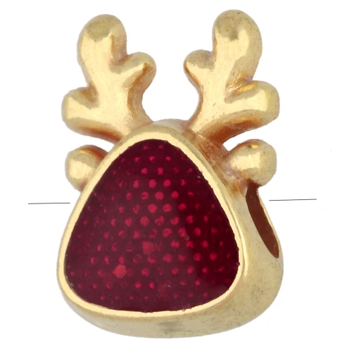Reindeer-Head-Shaped Bead, 10.5 x 7 mm, Epoxy Resin - Fine gold plated - Red
