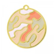 Camouflage pendant epoxy enameled 30 mm Pink/Coral/fine Gold plated  x1