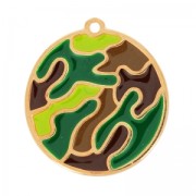 Camouflage pendant epoxy enameled  30 mm green /brown/rose gold x1|raw }}