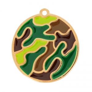 Camouflage pendant epoxy enameled  30 mm green /brown/rose gold x1
