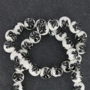 Ceramic Round Bead with Flower Pattern 10 mm White/Black x1