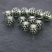 Printed round bead silkscreen printed houdstooth 11.5 mm black/Silver x1