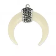 Half moon pendant imitation Horn and rhinestones 33 mm Ivory/Jet/Crystal x1