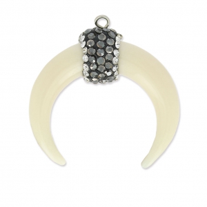 Half moon pendant imitation Horn and rhinestones 33 mm Ivory/Jet/Crystal x1