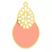 Oval pendant deco flower epoxy enameled  36mm Light Coral/fine Gold plated x1