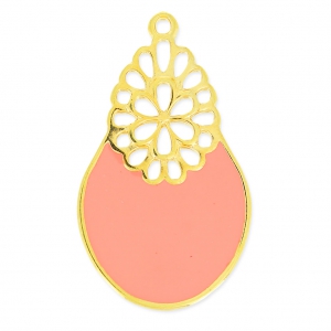 Oval pendant deco flower epoxy enameled  36mm Light Coral/fine Gold plated x1