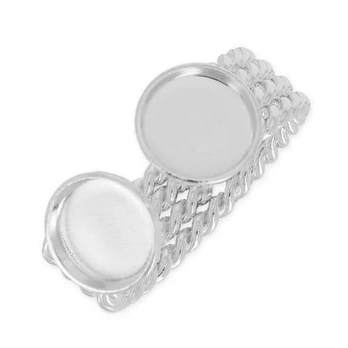 Brass ring with two flat back cabochon settings 8 mm Silver tone x1