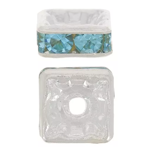 Squared rhinestones Rondelle 6 mm Silver tone/Aquamarine x1
