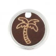 Wood and metal round palm tree charm 20 mm Brown/Silver Tone x1