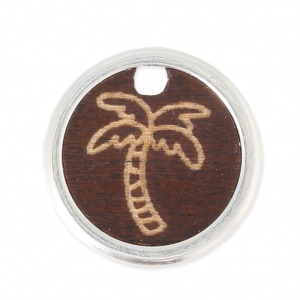 Wood and metal round palm tree charm 20 mm Brown/Silver Tone x1