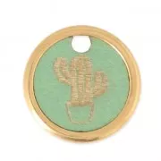 Wood and metal round cactus charm 20 mm Green/Gold Tone x1