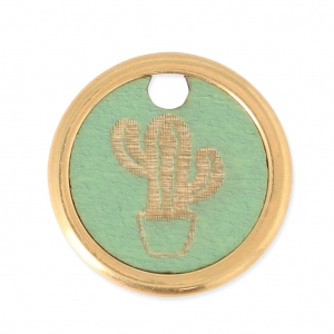 Wood and metal round cactus charm 20 mm Green/Gold Tone x1