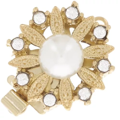 Round clasp to be clipped motif flower with beads and strass 15 mm gold tone x1