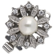 Round Clip Clasp with Bead and Rhinestones, 14.5 mm - White Bronze x1