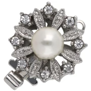 Round Clip Clasp with Bead and Rhinestones, 14.5 mm - White Bronze x1