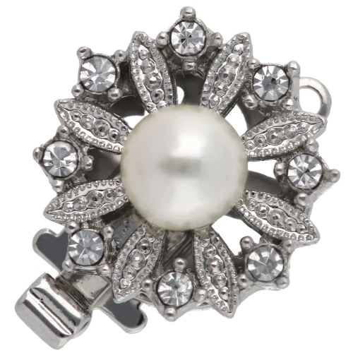Round Clip Clasp with Bead and Rhinestones, 14.5 mm - White Bronze x1