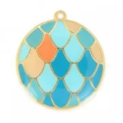 Scales pendant epoxy enameled 31mm Duck blue/Aqua/fine Gold plated x1