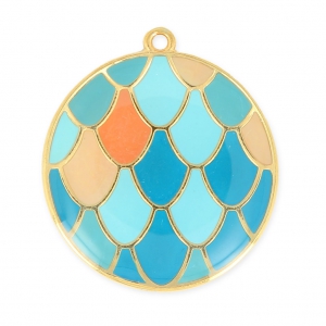 Scales pendant epoxy enameled 31mm Duck blue/Aqua/fine Gold plated x1