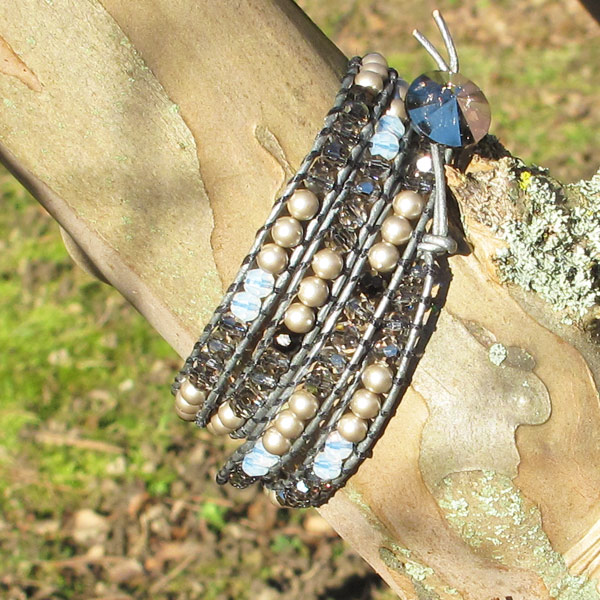 Wrap Bracelet Ashy Leather Cord Round and Pearly PureCrystal