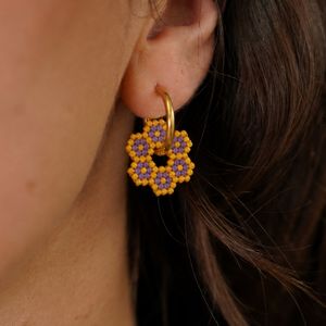 boucles d'oreilles fleur tissée jaune et lilas