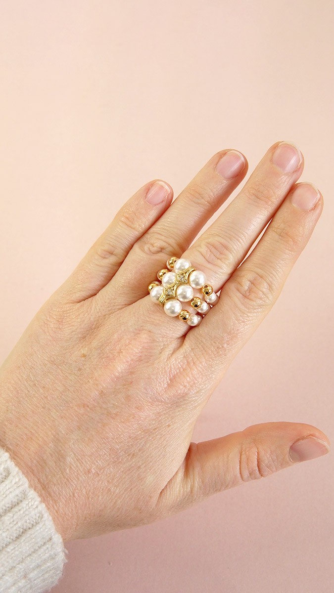 Schema  3-row elastic ring with pearly pearls