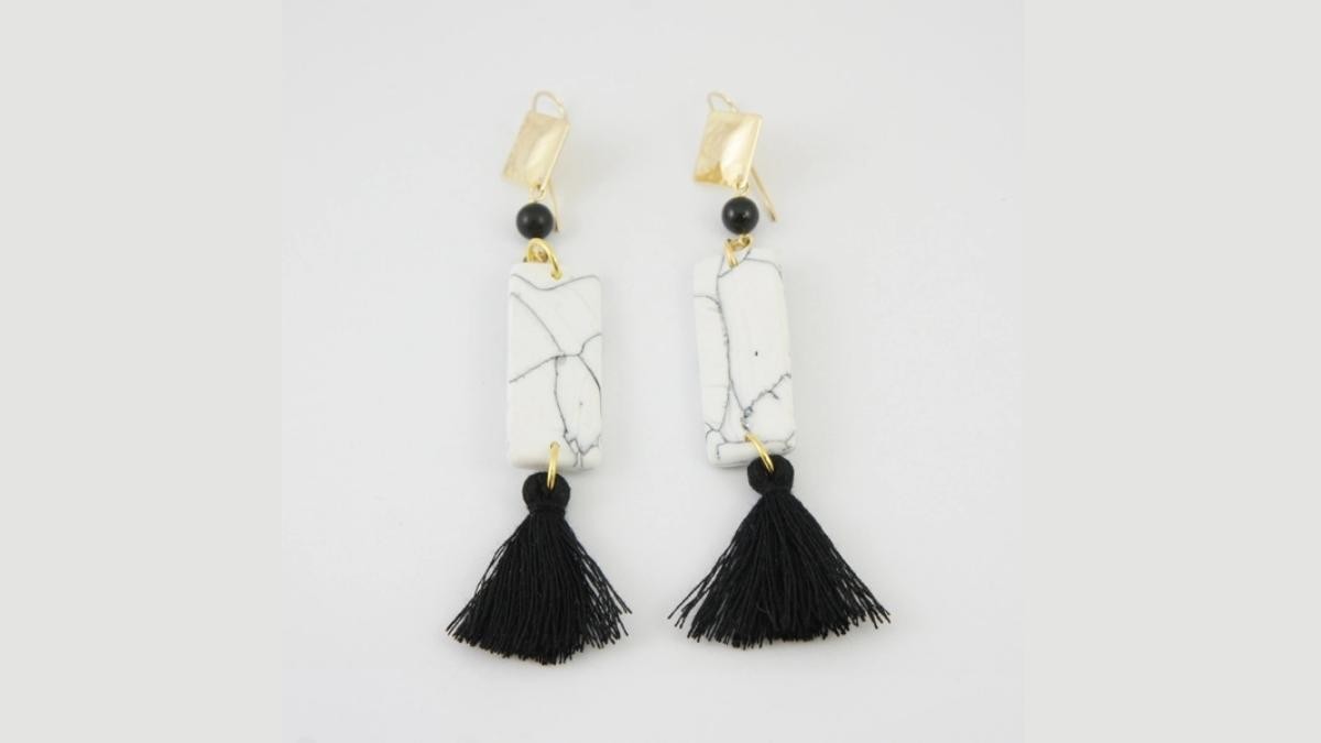 Marble-effect polymer clay earrings with tassels
