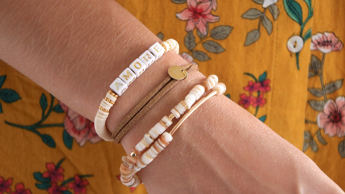 2 in 1 bracelet in heishi mother-of-pearl and gold filled beads