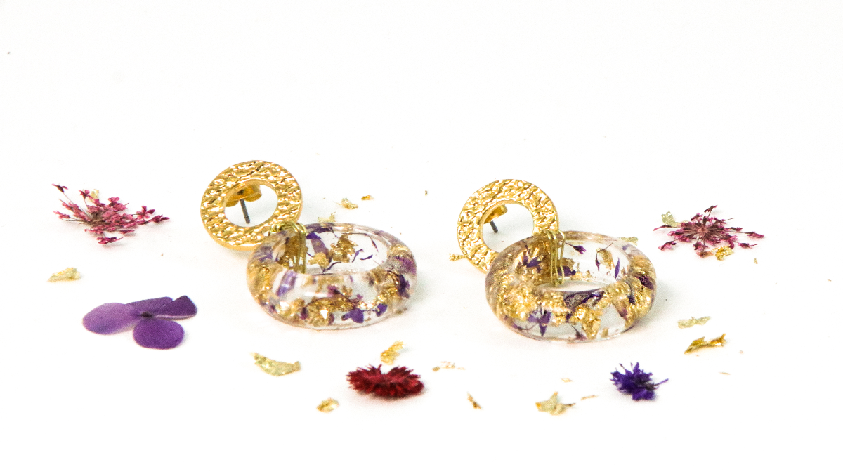 Schema  Earrings UV LED resin rings with flower inclusions
