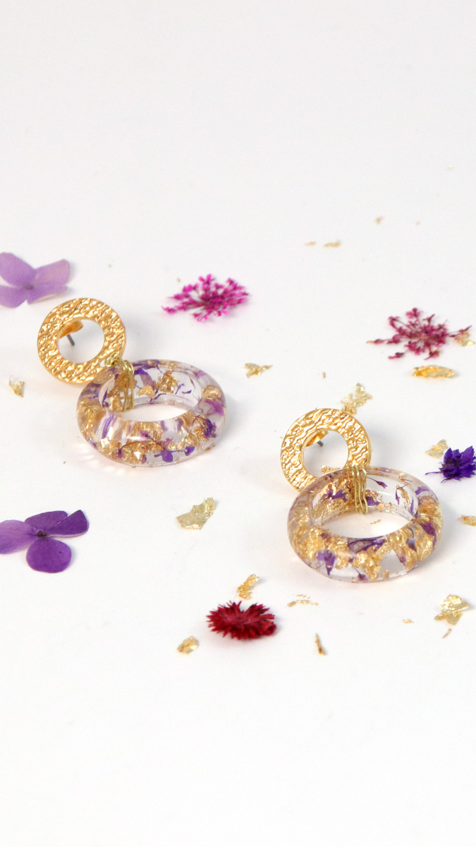 Schema  Earrings UV LED resin rings with flower inclusions