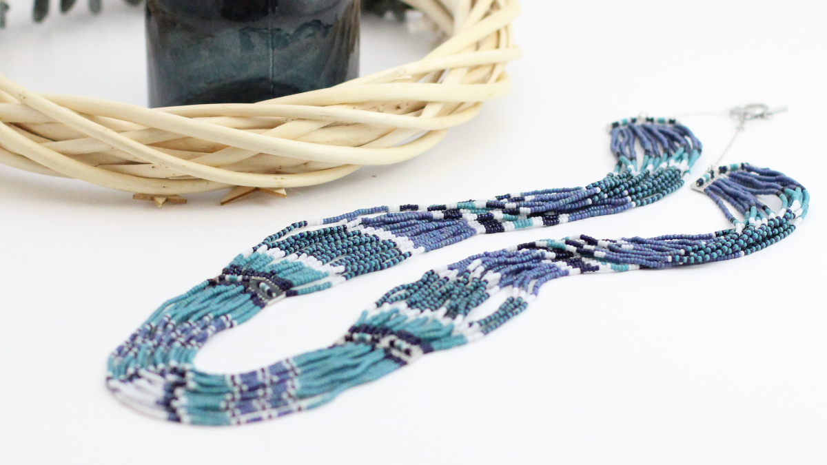 Schema  Multi strands long necklace with blue and turquoise miyuki seed beads