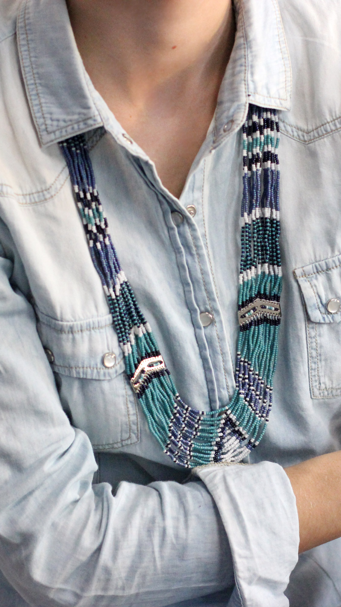 Schema  Multi strands long necklace with blue and turquoise miyuki seed beads