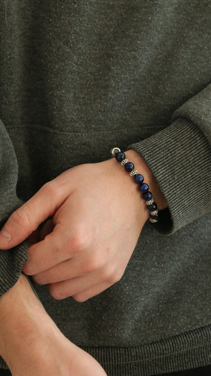 Schema  Men's elastic bracelet with blue tiger eye gemstone beads