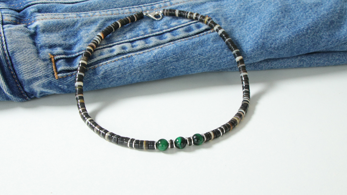 Schema  Surfer necklace for men heishis and tiger eye