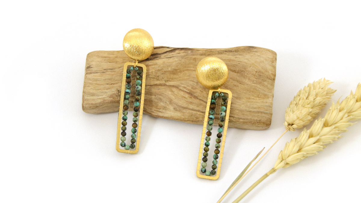 Long rectangle earrings with african turquoise beads