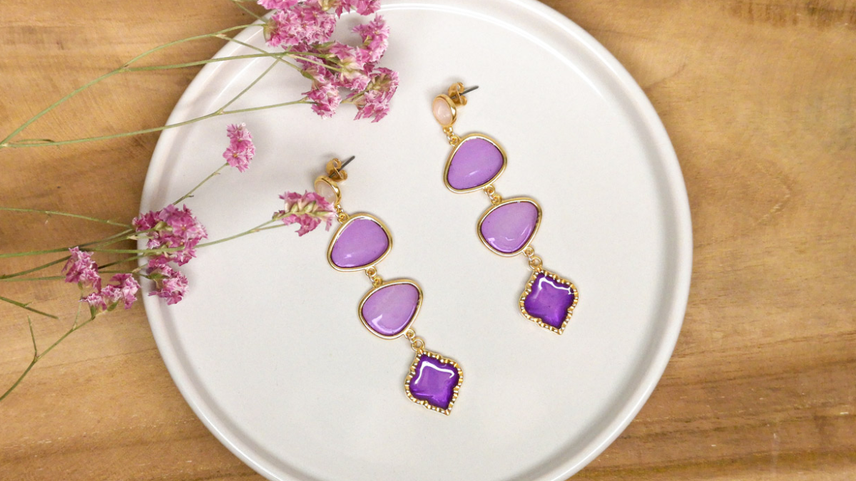 purple hanging earrings epoxy resin stained glass effect